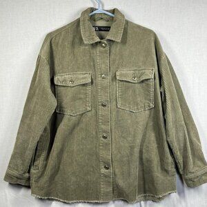 Zara Corduroy Shirt Jacket Womens Medium Olive Green Oversized Shacket Buttons